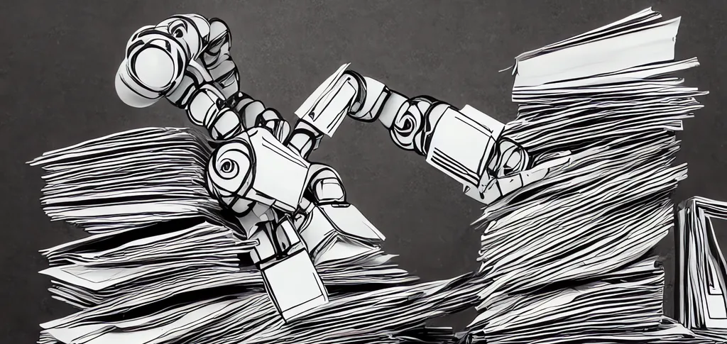 children’s drawing of a robot stacking papers in black and white